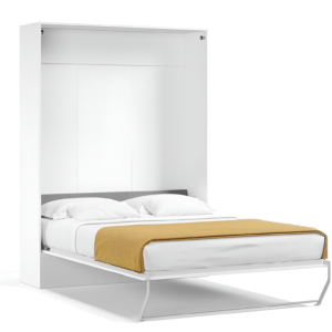 White wall-mounted bed with a gold blanket on a white background