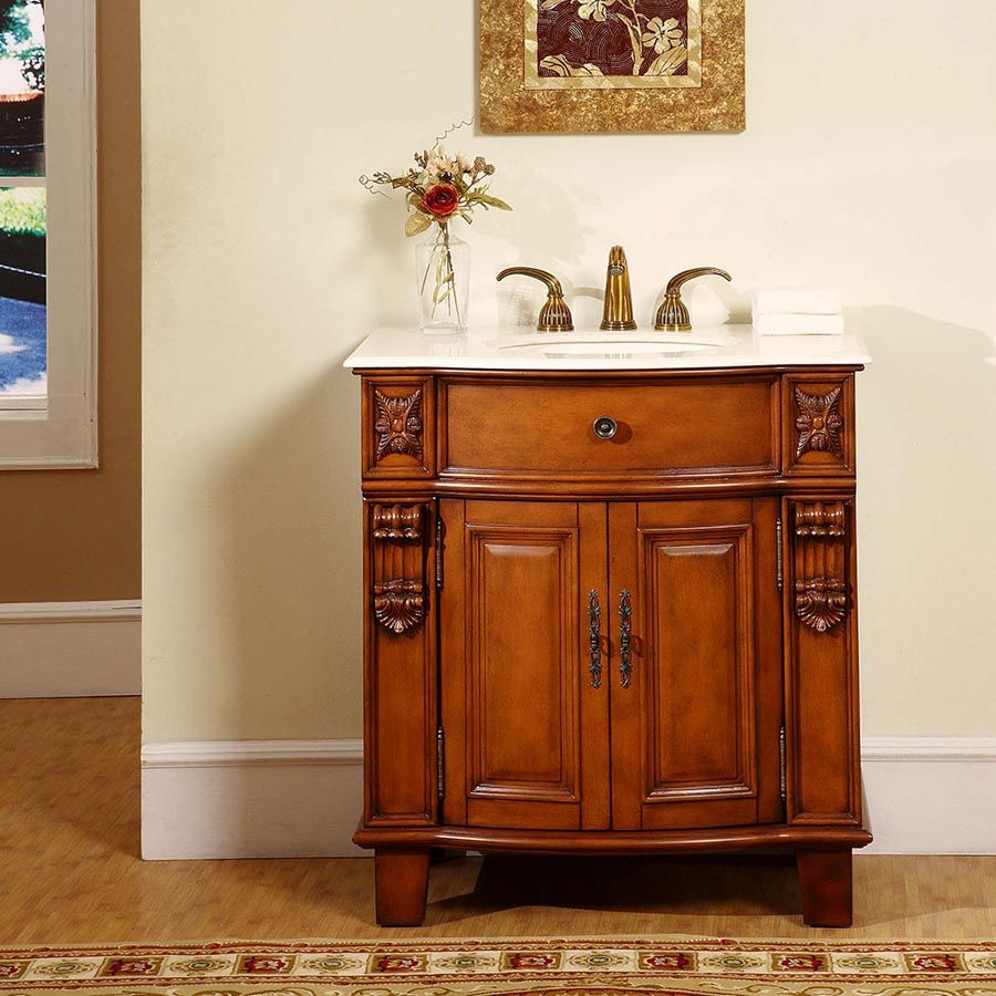 images Silkroad Exclusive 33'' Crema Marfil Marble Top Single Sink Bathroom Vanity - HYP-0204-CM-UIC-33 - Image 1