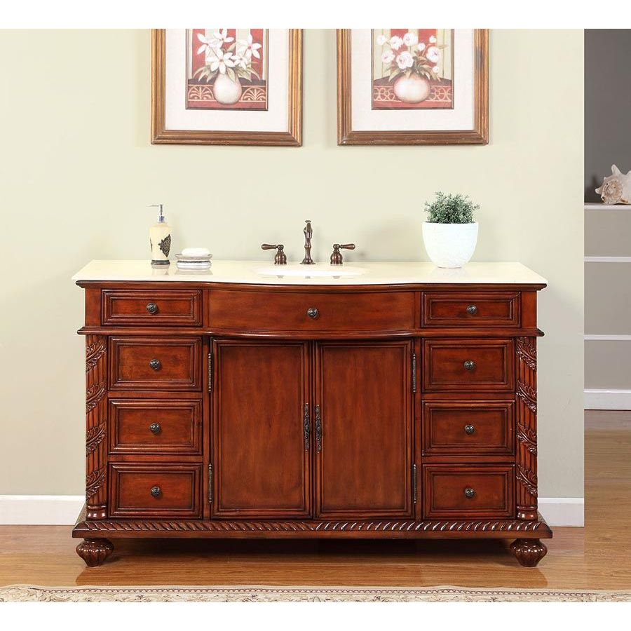 images Silkroad Exclusive 60'' Crema Marfil Marble Top Single Sink Bathroom Vanity - FS-0268-CM-UWC-60 - Image 1
