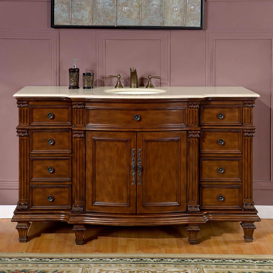 images Silkroad Exclusive 60'' Crema Marfil Marble Top Single Sink Bathroom Vanity - HYP-0277-CM-UWC-60 - Image 1