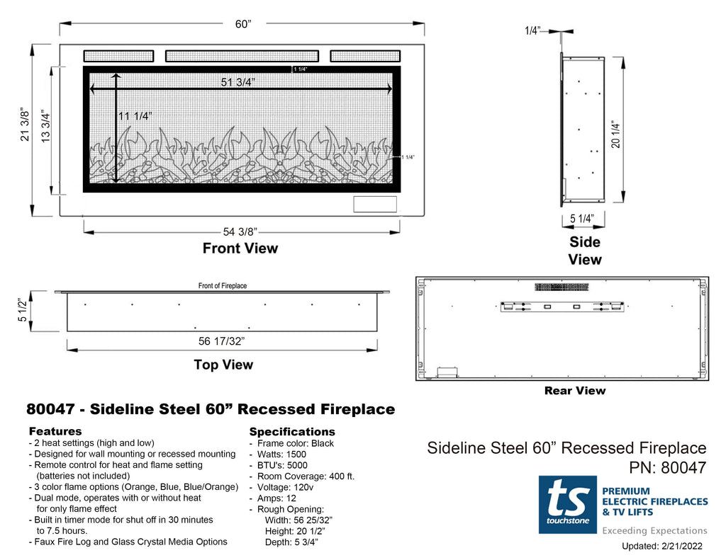 Touchstone Sideline Steel 60 Mesh Screen Front Electric Fireplace 80047 Specifications
