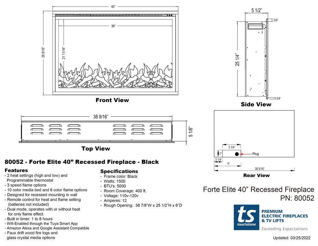 Touchstone Sideline Elite Forte Electric Fireplace specifications drawing